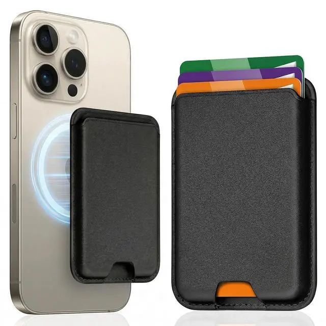 Main image of Magnetic RFID Leather Phone Wallet, Strong Magnet Card Holder Stick On For iPhone 17/16/15/14/13/12 Series, Fits 3 Cards