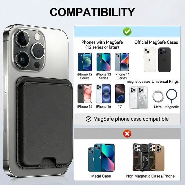 Alt view image 6 of 7 - Magnetic RFID Leather Phone Wallet, Strong Magnet Card Holder Stick On For iPhone 17/16/15/14/13/12 Series, Fits 3 Cards