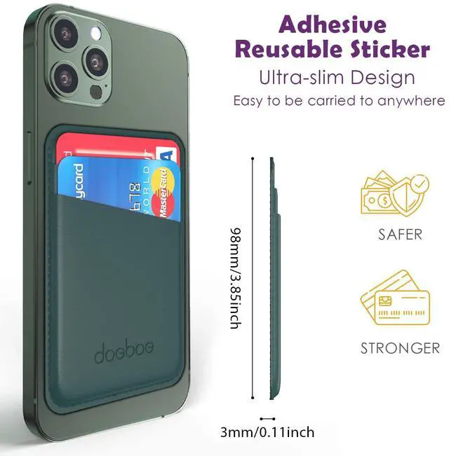 Alt view image 6 of 7 - Leather Phone Card Holder for Back of Phone, Strongly Adhesive Wallet Sleeve, for All Smartphones(Green)