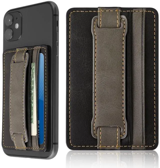 Main image of Cell Phone Card Holder Pouch Self-Adhesive Phone Kickstand with Elastic Band Stick on Wallet Card Holder for Back of Phone Case Leather ID Card Holder Sleeve Pouch Credit Card Grip Holder(Black)