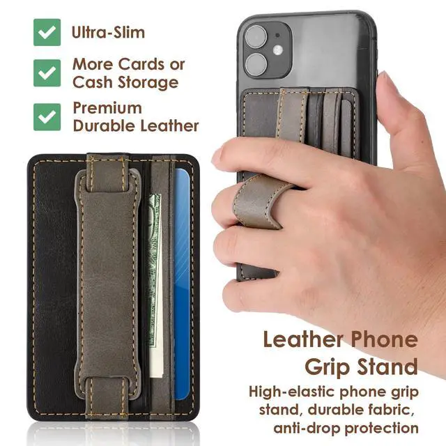 Alt view image 3 of 7 - Cell Phone Card Holder Pouch Self-Adhesive Phone Kickstand with Elastic Band Stick on Wallet Card Holder for Back of Phone Case Leather ID Card Holder Sleeve Pouch Credit Card Grip Holder(Black)
