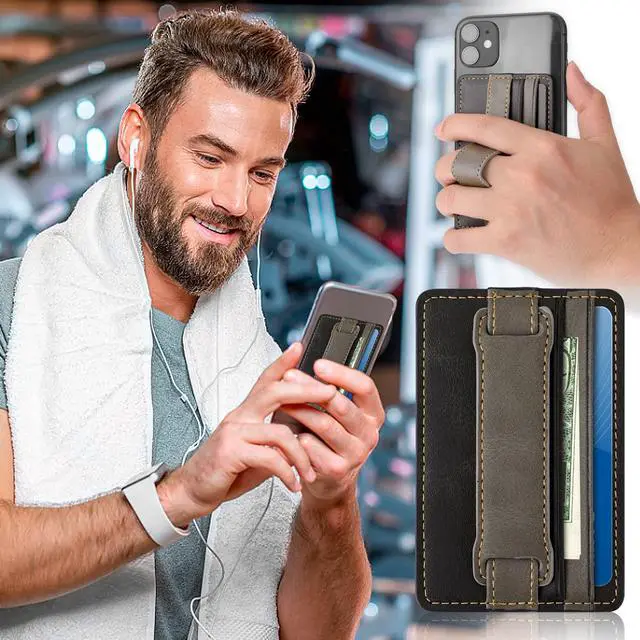 Alt view image 7 of 7 - Cell Phone Card Holder Pouch Self-Adhesive Phone Kickstand with Elastic Band Stick on Wallet Card Holder for Back of Phone Case Leather ID Card Holder Sleeve Pouch Credit Card Grip Holder(Black)