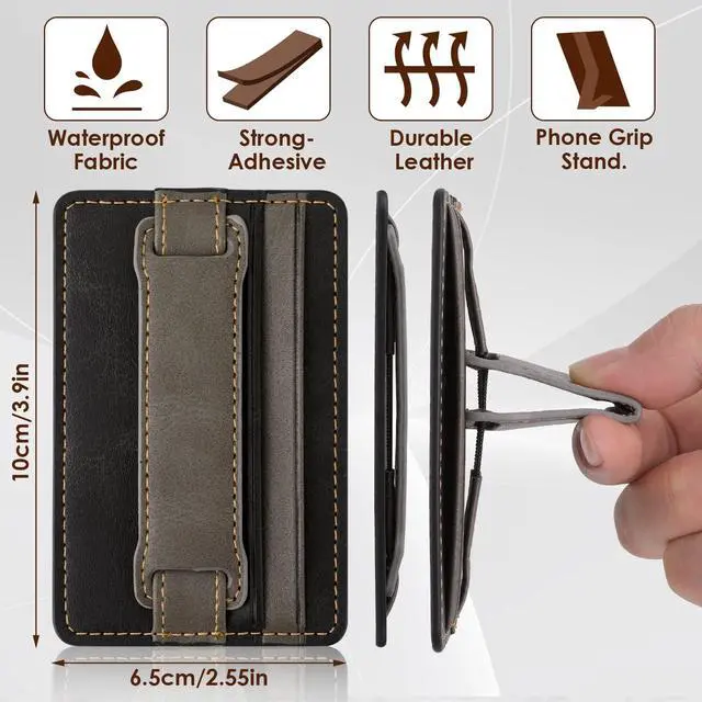 Alt view image 6 of 7 - Cell Phone Card Holder Pouch Self-Adhesive Phone Kickstand with Elastic Band Stick on Wallet Card Holder for Back of Phone Case Leather ID Card Holder Sleeve Pouch Credit Card Grip Holder(Black)