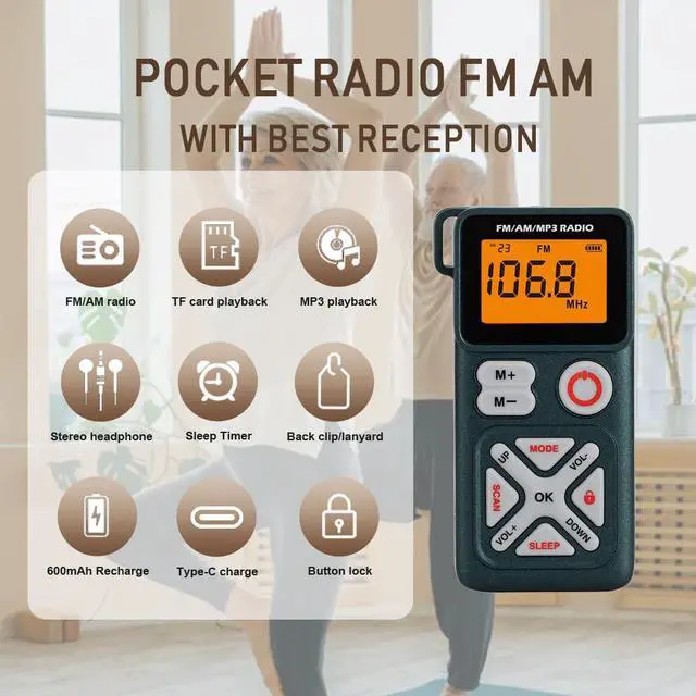 Alt view image 2 of 6 - Pocket am fm Radio Portable with Stereo Headphones, Mini Transistor Radio Digital Tuning with Excellent Reception, TF Slot, USB-C Rechargeable Battery Operated, Belt Clip for Walking, Jogging (Green)