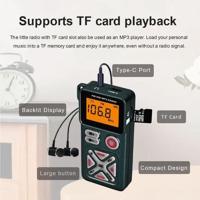 Alt view image 3 of 6 - Pocket am fm Radio Portable with Stereo Headphones, Mini Transistor Radio Digital Tuning with Excellent Reception, TF Slot, USB-C Rechargeable Battery Operated, Belt Clip for Walking, Jogging (Green)