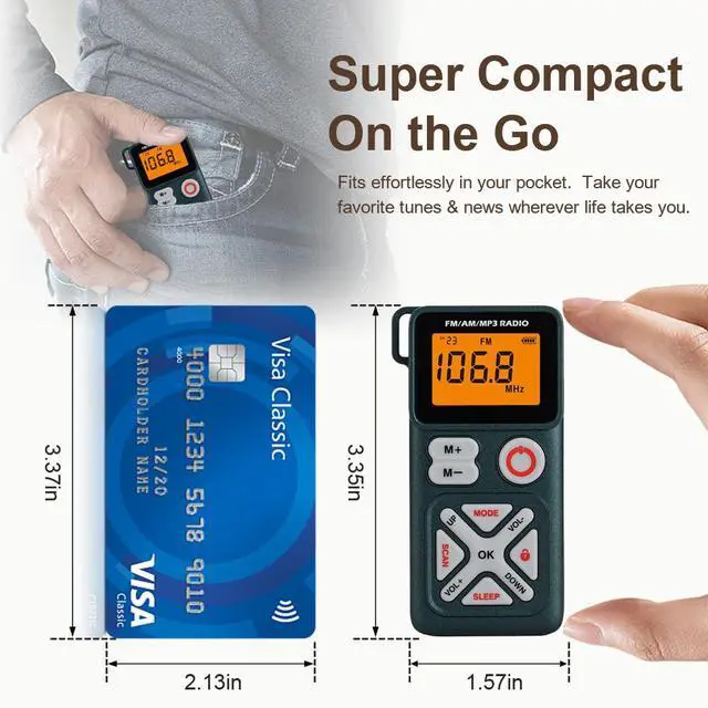 Alt view image 5 of 6 - Pocket am fm Radio Portable with Stereo Headphones, Mini Transistor Radio Digital Tuning with Excellent Reception, TF Slot, USB-C Rechargeable Battery Operated, Belt Clip for Walking, Jogging (Green)