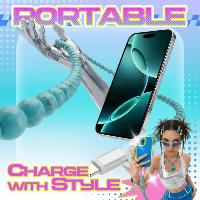 Alt view image 6 of 7 - 4-in-1 Beaded Charging Cable, MFi Certified, Works with CarPlay, 3.3FT 60W Fast Charger Cord for iPhone 17/16/15/14/13/12/11, iPad, Samsung, Android and More (Classic Turquoise)