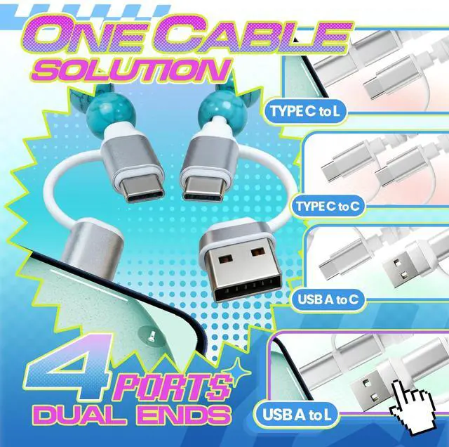 Alt view image 2 of 7 - 4-in-1 Beaded Charging Cable, MFi Certified, Works with CarPlay, 3.3FT 60W Fast Charger Cord for iPhone 17/16/15/14/13/12/11, iPad, Samsung, Android and More (Classic Turquoise)