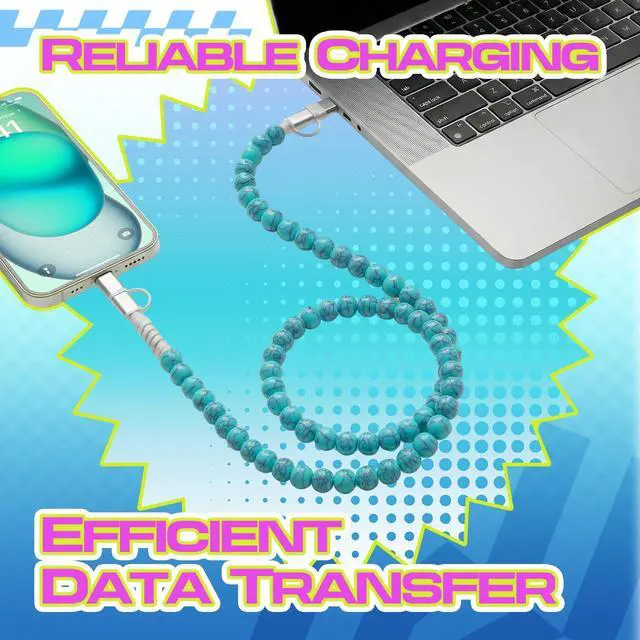 Alt view image 5 of 7 - 4-in-1 Beaded Charging Cable, MFi Certified, Works with CarPlay, 3.3FT 60W Fast Charger Cord for iPhone 17/16/15/14/13/12/11, iPad, Samsung, Android and More (Classic Turquoise)