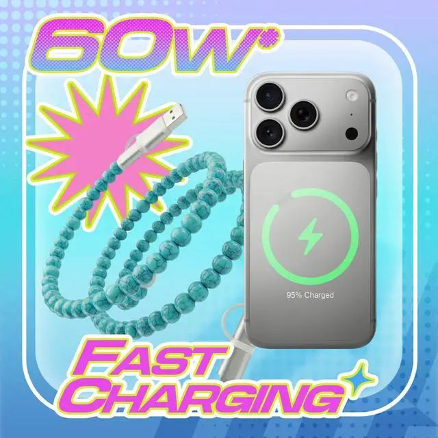 Alt view image 3 of 7 - 4-in-1 Beaded Charging Cable, MFi Certified, Works with CarPlay, 3.3FT 60W Fast Charger Cord for iPhone 17/16/15/14/13/12/11, iPad, Samsung, Android and More (Classic Turquoise)