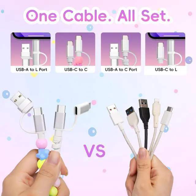 Alt view image 2 of 7 - 4-in-1 Beaded Charging Cable, MFi Certified, Works with CarPlay, 3.3FT 60W Fast Charger Cord for iPhone 17/16/15/14/13/12/11, iPad, Samsung, Android and More (Pastel Rainbow Star)