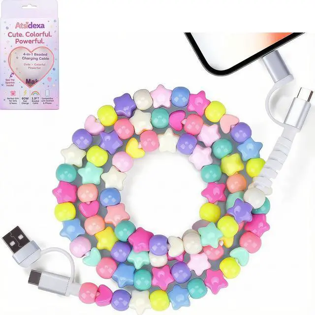 Main image of 4-in-1 Beaded Charging Cable, MFi Certified, Works with CarPlay, 3.3FT 60W Fast Charger Cord for iPhone 17/16/15/14/13/12/11, iPad, Samsung, Android and More (Pastel Rainbow Star)