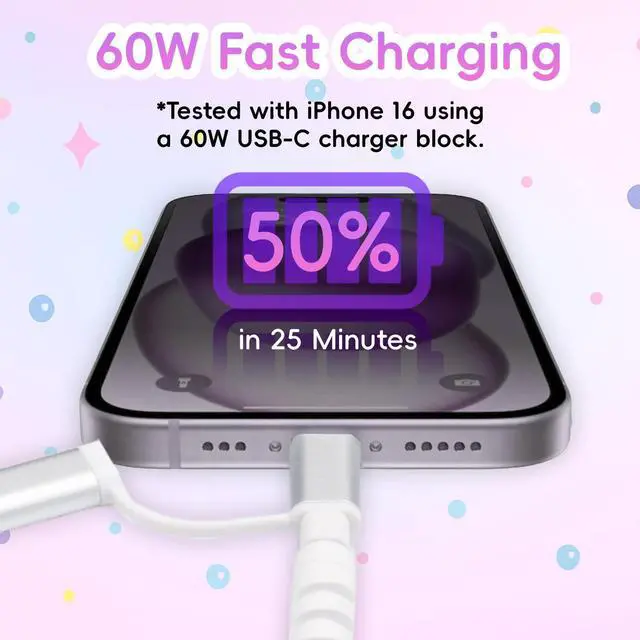 Alt view image 3 of 7 - 4-in-1 Beaded Charging Cable, MFi Certified, Works with CarPlay, 3.3FT 60W Fast Charger Cord for iPhone 17/16/15/14/13/12/11, iPad, Samsung, Android and More (Pastel Rainbow Macaron)