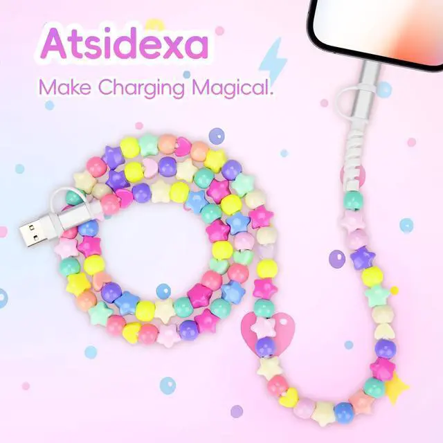 Alt view image 6 of 7 - 4-in-1 Beaded Charging Cable, MFi Certified, Works with CarPlay, 3.3FT 60W Fast Charger Cord for iPhone 17/16/15/14/13/12/11, iPad, Samsung, Android and More (Pastel Rainbow Star)