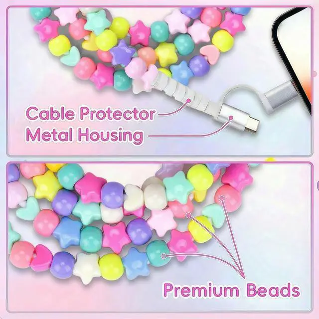 Alt view image 4 of 7 - 4-in-1 Beaded Charging Cable, MFi Certified, Works with CarPlay, 3.3FT 60W Fast Charger Cord for iPhone 17/16/15/14/13/12/11, iPad, Samsung, Android and More (Pastel Rainbow Star)