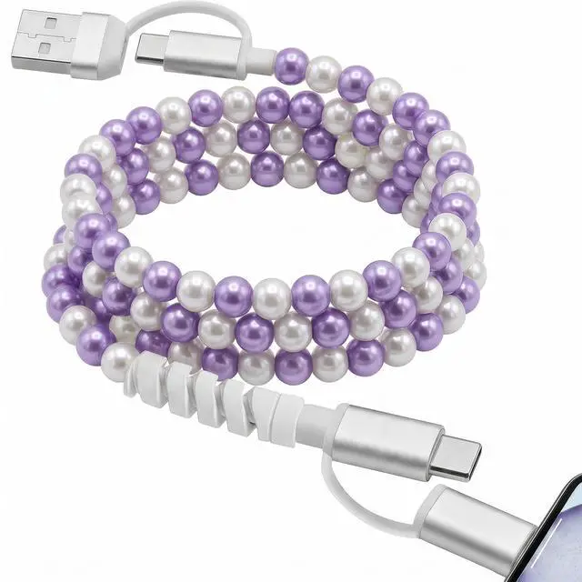 Main image of 4-in-1 Beaded Charging Cable, MFi Certified, Works with CarPlay, 3.3FT 60W Fast Charger Cord for iPhone 17/16/15/14/13/12/11, iPad, Samsung, Android and More (Aura Pearl)