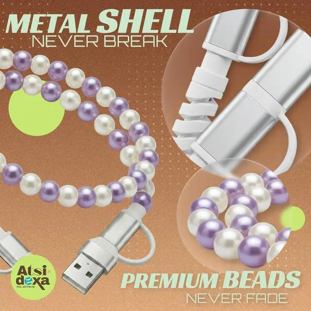 Alt view image 6 of 7 - 4-in-1 Beaded Charging Cable, MFi Certified, Works with CarPlay, 3.3FT 60W Fast Charger Cord for iPhone 17/16/15/14/13/12/11, iPad, Samsung, Android and More (Aura Pearl)