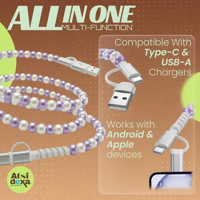 Alt view image 7 of 7 - 4-in-1 Beaded Charging Cable, MFi Certified, Works with CarPlay, 3.3FT 60W Fast Charger Cord for iPhone 17/16/15/14/13/12/11, iPad, Samsung, Android and More (Aura Pearl)