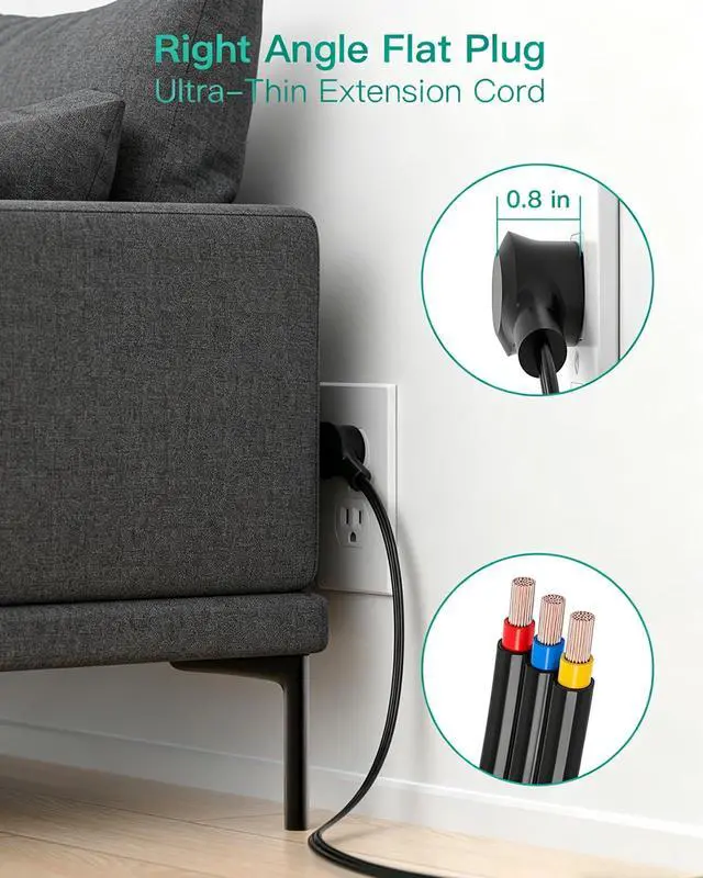 Alt view image 4 of 7 - Surge Protector Power Strip - 12 Widely Spaced Multi Outlets, Wall Mount, 3 Side Outlet Extender with Extension Cord, Flat Plug, Overload Protection, Home Office Dorm Room Essentials (5FT, Black)