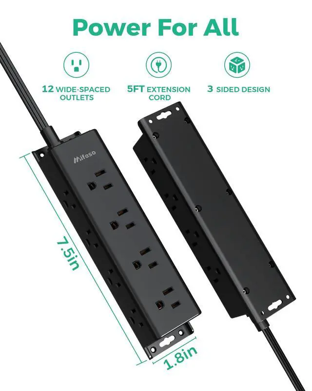 Alt view image 7 of 7 - Surge Protector Power Strip - 12 Widely Spaced Multi Outlets, Wall Mount, 3 Side Outlet Extender with Extension Cord, Flat Plug, Overload Protection, Home Office Dorm Room Essentials (5FT, Black)