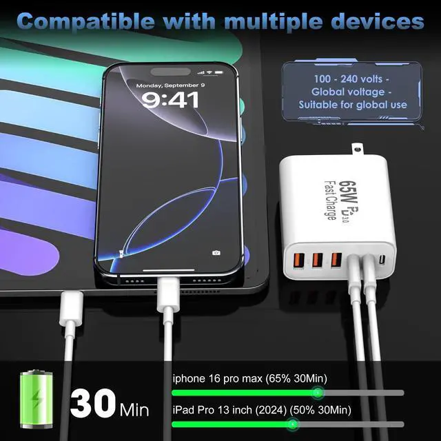 Alt view image 3 of 7 - USB C Charger Block,65W 6-Port USBC Charging Block,Wall Charger iPhone Charger Fast Charging,Multiport Type C PD+QC Power Plug for All iPhone 17 16 15 iPad Samsung S23 S24 iWatch Pixel Series (White)
