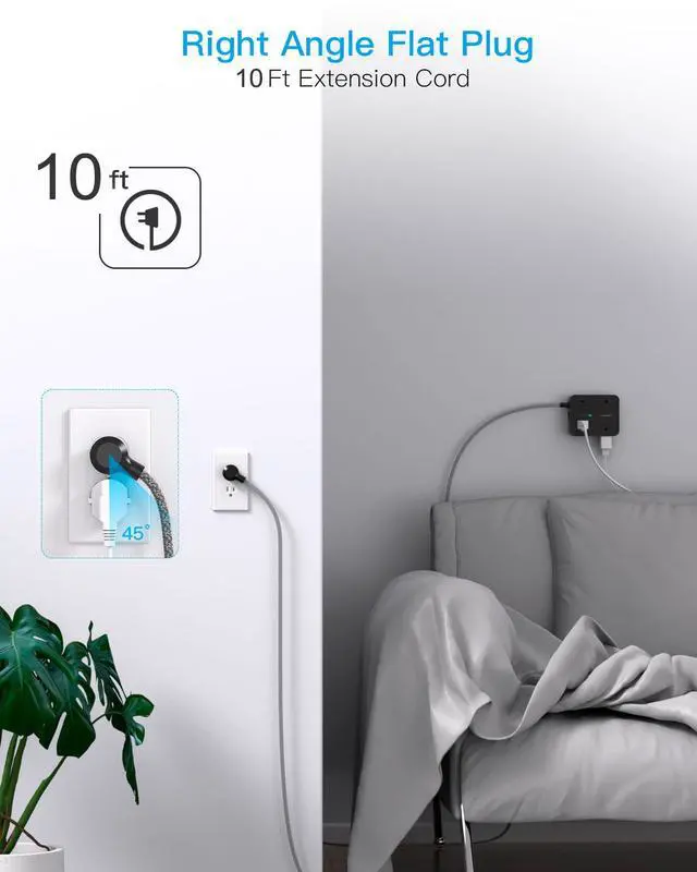 Alt view image 7 of 7 - Power Strip Surge Protector 10 Ft Cord, HANYCONY Extension Cord Flat Plug with 8 Outlets 4 USB Ports(2 USB C), Wall Mount, Desk Charging Sation for Home Offcie