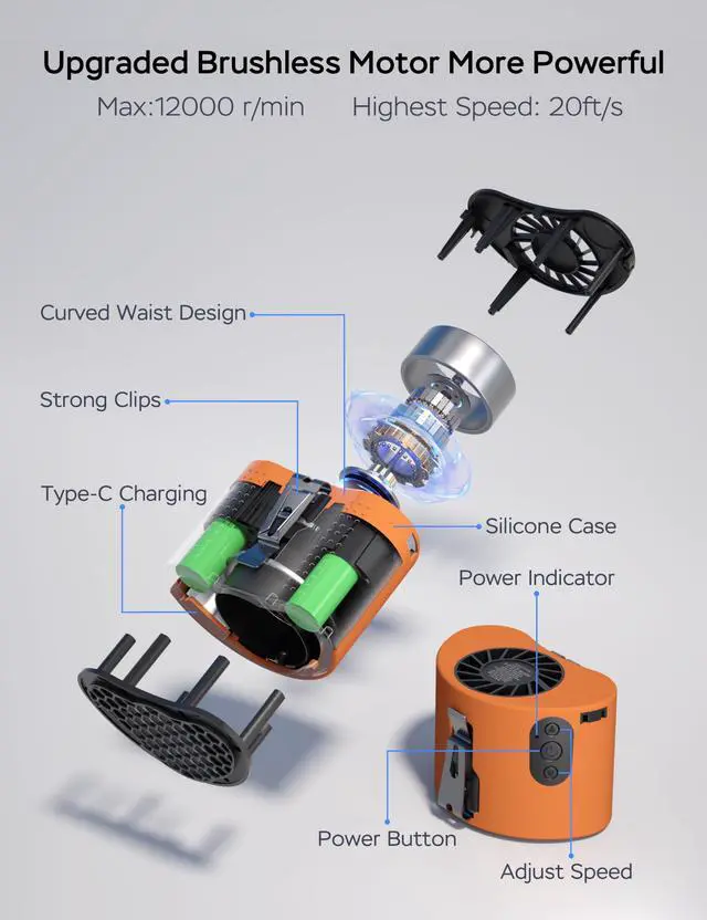 Alt view image 4 of 7 - Portable Waist Fan, 10000mAh Battery Operated, Rechargeable Clip On Belt, 10 Speed, 12000RPM Strong Airflow, Max 24H Working Time, Personal Shirt fan for Outdoor Work Jobsite Farms