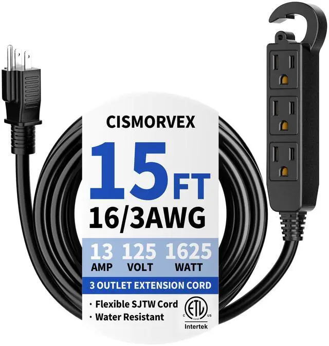 Main image of 15 Ft 3 Outlet Outdoor Extension Cord Waterproof, Grounded Extension Cord with Multiple Outlets, 16/3 AWG 3 Prong Power Strip for Garden, Patio, Camping, 13A 125V 1625W, ETL Listed, Black