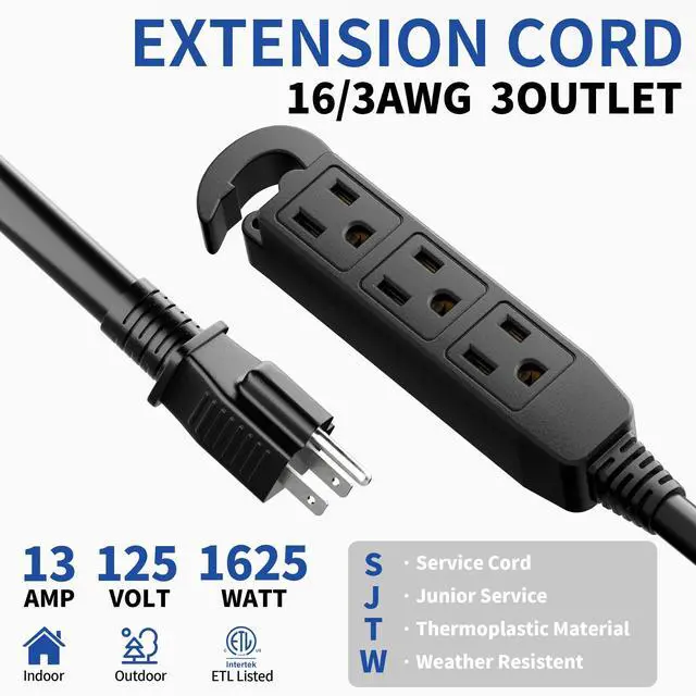 Alt view image 2 of 7 - 15 Ft 3 Outlet Outdoor Extension Cord Waterproof, Grounded Extension Cord with Multiple Outlets, 16/3 AWG 3 Prong Power Strip for Garden, Patio, Camping, 13A 125V 1625W, ETL Listed, Black