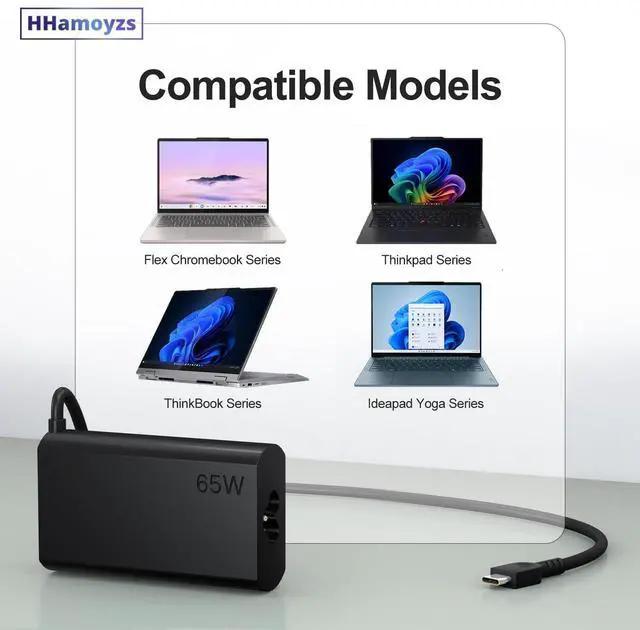 Alt view image 2 of 7 - 2026 New Slim 65W USB C Laptop Charger Compatible with Lenovo Thinkpad/Yoga 7i 9i L13 /Chromebook/ThinkBook 14 16 Type C Power Adapter