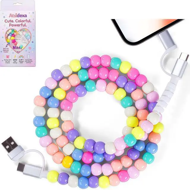 Main image of 4-in-1 Beaded Charging Cable, MFi Certified, Works with CarPlay, 3.3FT 60W Fast Charger Cord for iPhone 17/16/15/14/13/12/11, iPad, Samsung, Android and More (Pastel Rainbow Macaron)