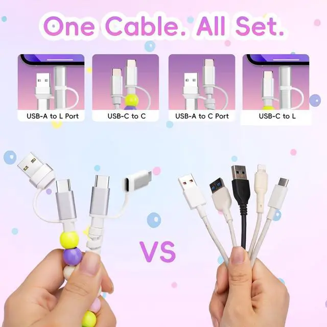 Alt view image 2 of 7 - 4-in-1 Beaded Charging Cable, MFi Certified, Works with CarPlay, 3.3FT 60W Fast Charger Cord for iPhone 17/16/15/14/13/12/11, iPad, Samsung, Android and More (Pastel Rainbow Macaron)