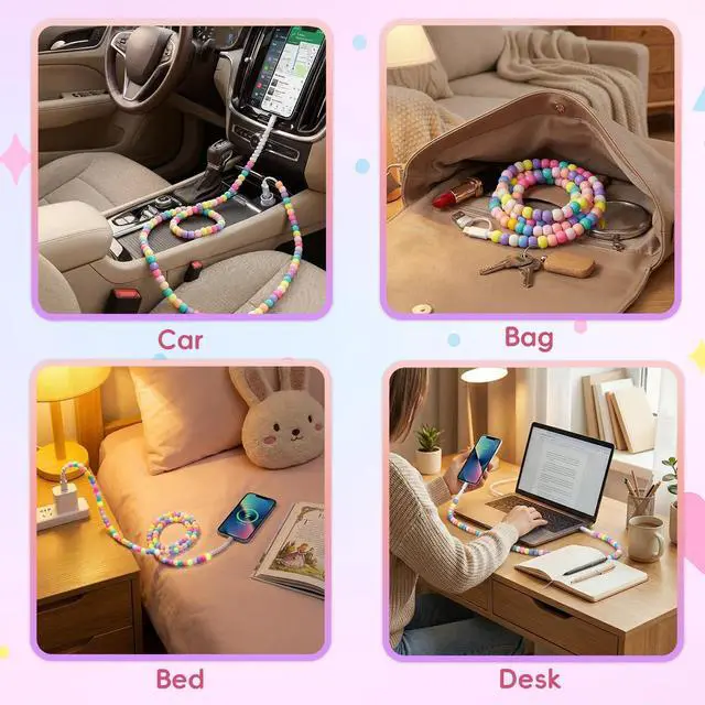 Alt view image 6 of 7 - 4-in-1 Beaded Charging Cable, MFi Certified, Works with CarPlay, 3.3FT 60W Fast Charger Cord for iPhone 17/16/15/14/13/12/11, iPad, Samsung, Android and More (Pastel Rainbow Macaron)