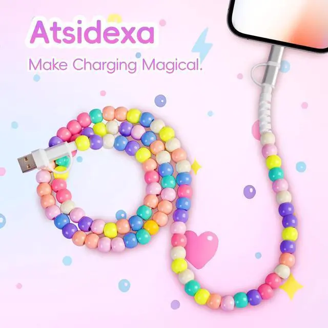 Alt view image 7 of 7 - 4-in-1 Beaded Charging Cable, MFi Certified, Works with CarPlay, 3.3FT 60W Fast Charger Cord for iPhone 17/16/15/14/13/12/11, iPad, Samsung, Android and More (Pastel Rainbow Macaron)