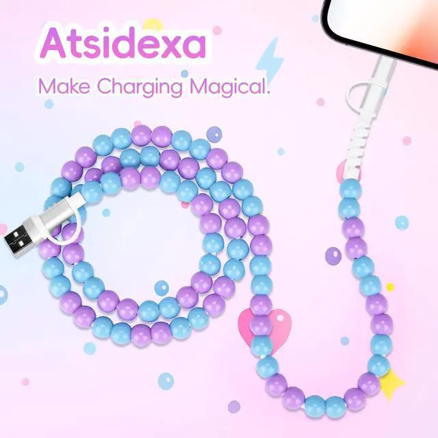 Alt view image 5 of 6 - 4-in-1 Beaded Charging Cable, MFi Certified, Works with CarPlay, 3.3FT 60W Fast Charger Cord for iPhone 17/16/15/14/13/12/11, iPad, Samsung, Android and More (Blueberry Lavender)