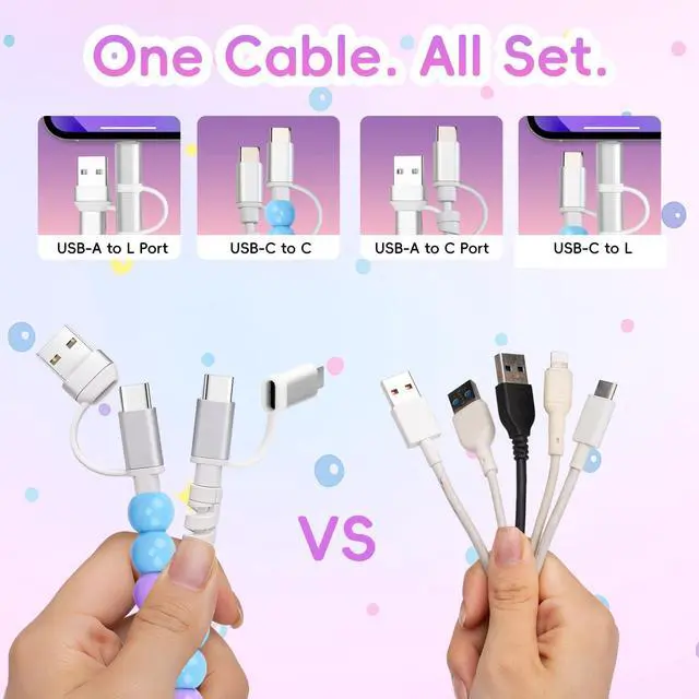 Main image of 4-in-1 Beaded Charging Cable, MFi Certified, Works with CarPlay, 3.3FT 60W Fast Charger Cord for iPhone 17/16/15/14/13/12/11, iPad, Samsung, Android and More (Blueberry Lavender)