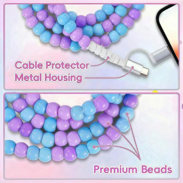 Alt view image 3 of 6 - 4-in-1 Beaded Charging Cable, MFi Certified, Works with CarPlay, 3.3FT 60W Fast Charger Cord for iPhone 17/16/15/14/13/12/11, iPad, Samsung, Android and More (Blueberry Lavender)