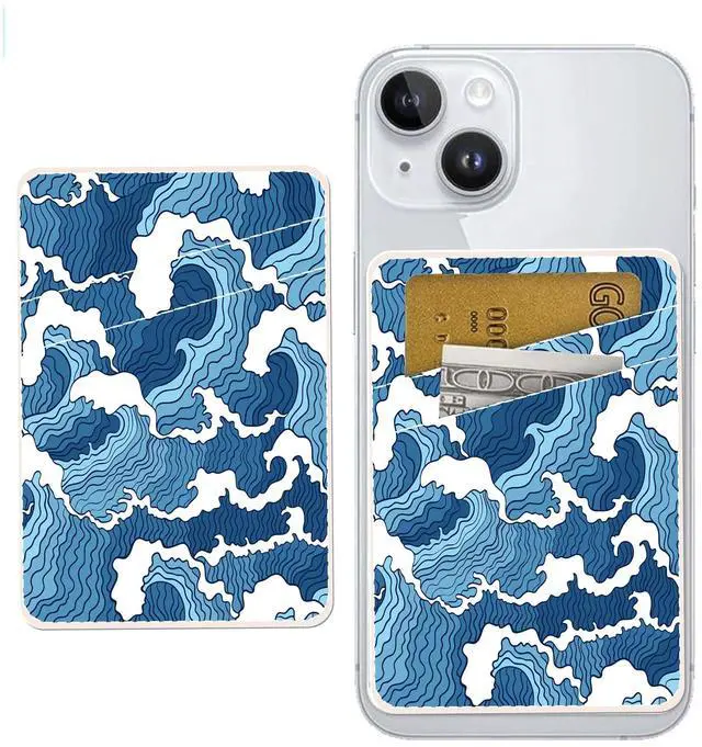 Main image of Dual Pocket Leather Phone Wallet Adhesive Stick On, Cute Card Holder for Most Phone Cases - Blue Sea