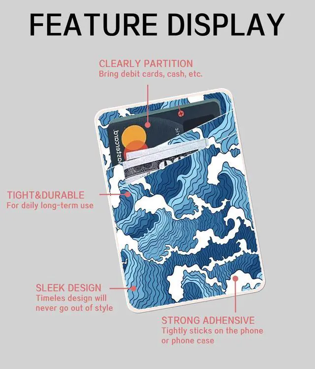 Alt view image 5 of 5 - Dual Pocket Leather Phone Wallet Adhesive Stick On, Cute Card Holder for Most Phone Cases - Blue Sea