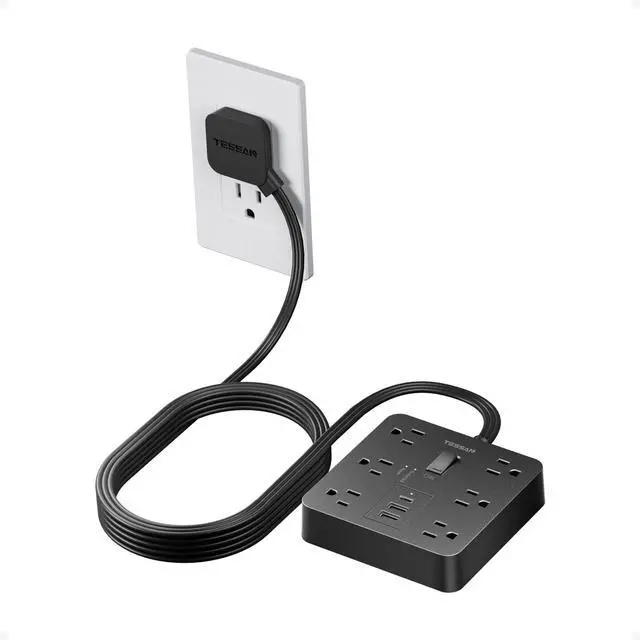 Main image of 10Ft Black Extension Cord with Multiple Outlets, Surge Protector Power Strip with 6 Outlets and 3 USB Ports (1 USB C), 1700 Joules Protection, Flat Plug, Outlet Extender for Home, Office, Dorm