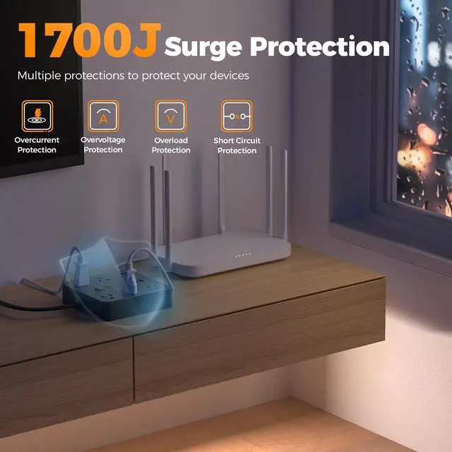 Alt view image 2 of 3 - 10Ft Black Extension Cord with Multiple Outlets, Surge Protector Power Strip with 6 Outlets and 3 USB Ports (1 USB C), 1700 Joules Protection, Flat Plug, Outlet Extender for Home, Office, Dorm