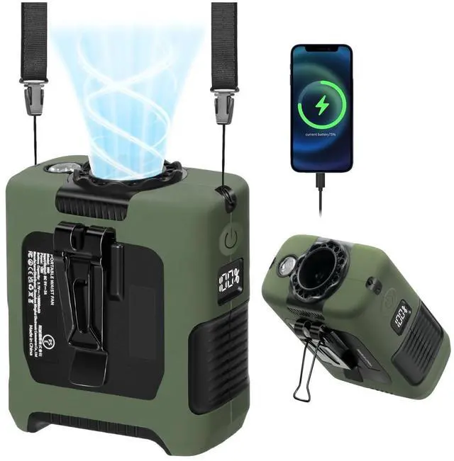Main image of Portable Waist Fan 10000mAh Rechargeable Personal Fan with 5 Speed Max 55H Runtime Cooling Body Clip Belt Shirt Fans Hanging Neck Fans with Flashlight for Camping Hiking Travel Outdoor Green