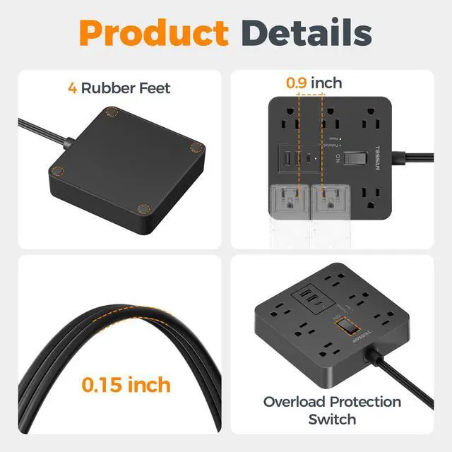 Alt view image 3 of 3 - 10Ft Black Extension Cord with Multiple Outlets, Surge Protector Power Strip with 6 Outlets and 3 USB Ports (1 USB C), 1700 Joules Protection, Flat Plug, Outlet Extender for Home, Office, Dorm