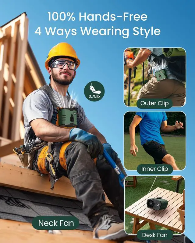 Alt view image 4 of 7 - Portable Waist Fan 10000mAh Rechargeable,Clip on Belt Fan With 10 Speeds 16000PRM Strong Airflow,Hands-Free Hanging Neck Fan,Long-Lasting Cooling for Camping,Hiking,Outdoor,Jobsite,Green