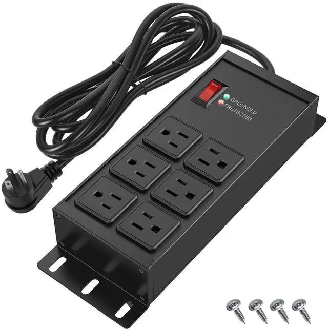 Main image of FENJIKRONIX Heavy Duty Surge Protector Power Strip 2500J, 15A 1875W 6 Outlets Extension Cord 4FT 14AWG with Flat Plug, Metal Power Strip for Kitchen Appliances, Workshop, Garage & Office (Black, 4FT)