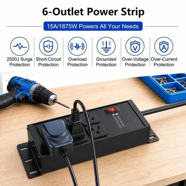 Alt view image 4 of 7 - FENJIKRONIX Heavy Duty Surge Protector Power Strip 2500J, 15A 1875W 6 Outlets Extension Cord 4FT 14AWG with Flat Plug, Metal Power Strip for Kitchen Appliances, Workshop, Garage & Office (Black, 4FT)