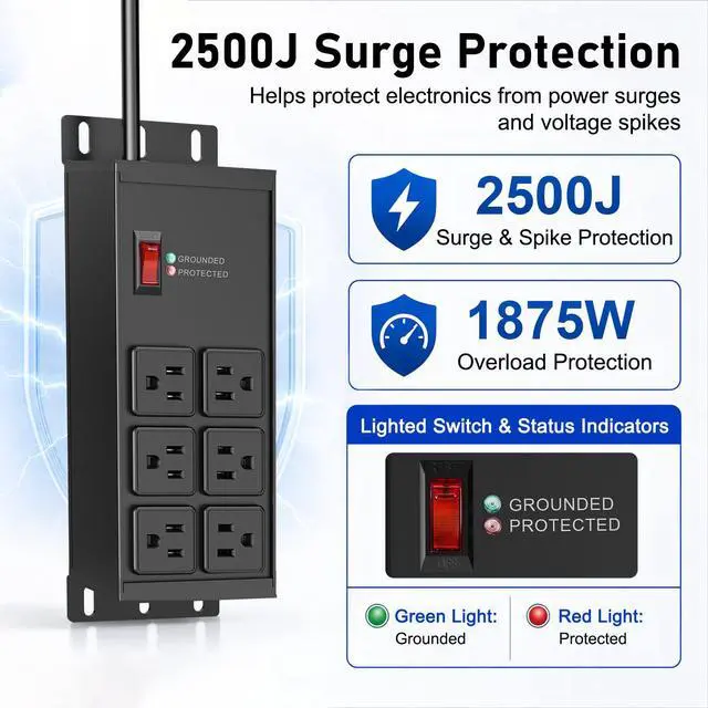 Alt view image 3 of 7 - FENJIKRONIX Heavy Duty Surge Protector Power Strip 2500J, 15A 1875W 6 Outlets Extension Cord 4FT 14AWG with Flat Plug, Metal Power Strip for Kitchen Appliances, Workshop, Garage & Office (Black, 4FT)