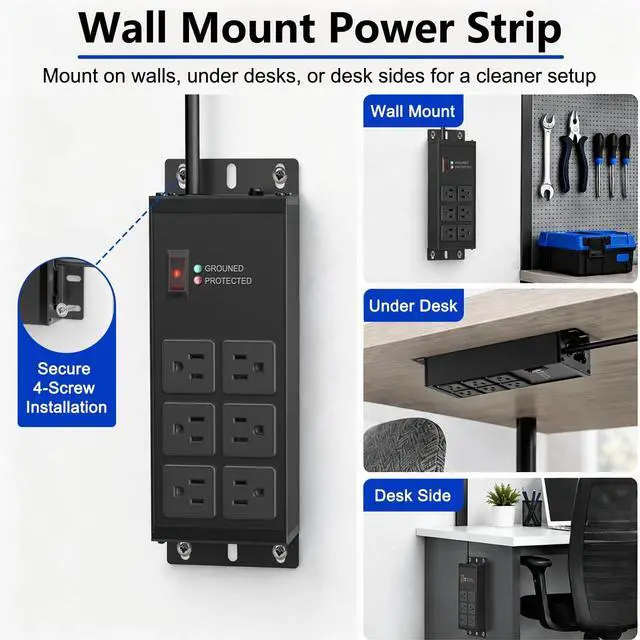 Alt view image 6 of 7 - FENJIKRONIX Heavy Duty Surge Protector Power Strip 2500J, 15A 1875W 6 Outlets Extension Cord 4FT 14AWG with Flat Plug, Metal Power Strip for Kitchen Appliances, Workshop, Garage & Office (Black, 4FT)