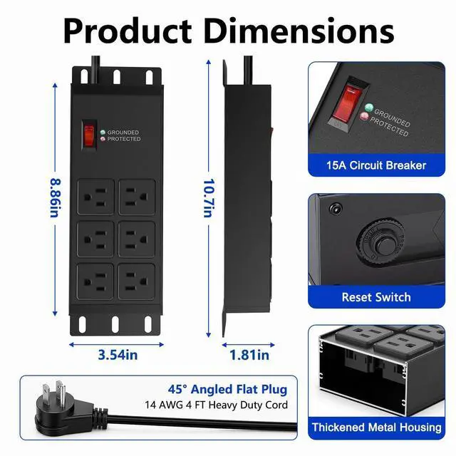Alt view image 2 of 7 - FENJIKRONIX Heavy Duty Surge Protector Power Strip 2500J, 15A 1875W 6 Outlets Extension Cord 4FT 14AWG with Flat Plug, Metal Power Strip for Kitchen Appliances, Workshop, Garage & Office (Black, 4FT)