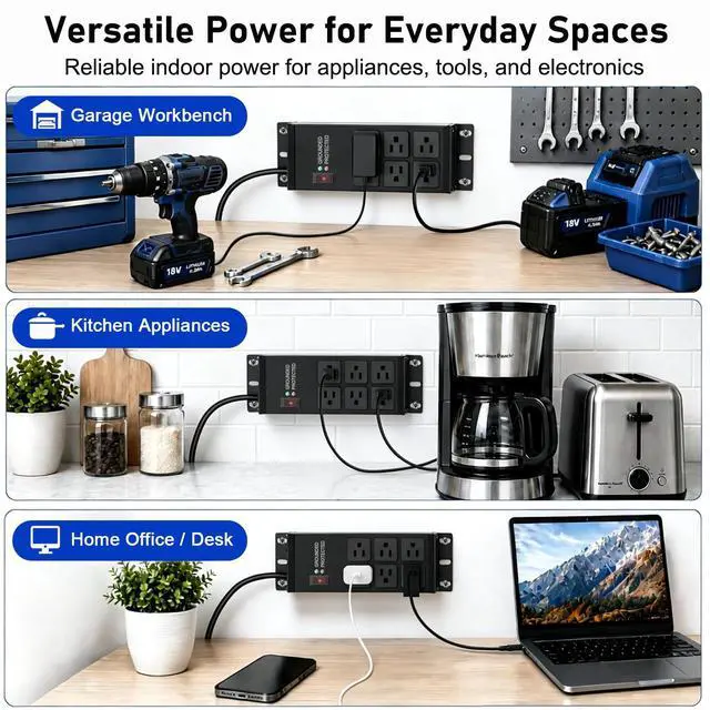 Alt view image 7 of 7 - FENJIKRONIX Heavy Duty Surge Protector Power Strip 2500J, 15A 1875W 6 Outlets Extension Cord 4FT 14AWG with Flat Plug, Metal Power Strip for Kitchen Appliances, Workshop, Garage & Office (Black, 4FT)